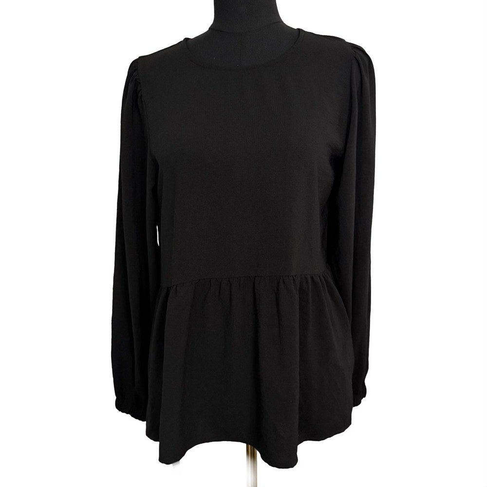 Ott Peplum Top Womens Small Black Long PuSleeve Ruffle Hem Babydoll f